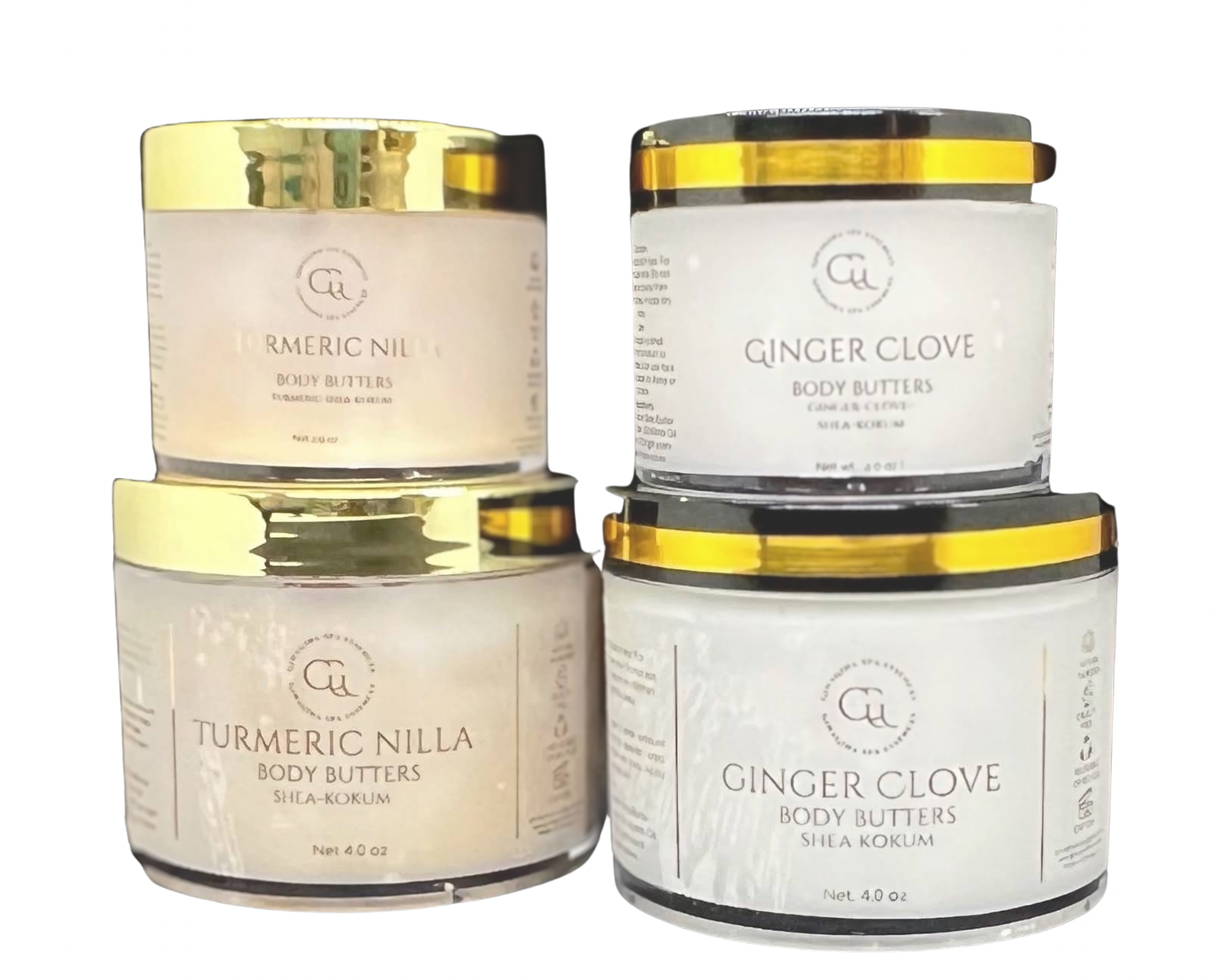 Pamper your skin with the luxurious Face & Body Butters, made with hand-crafted Shea and Kokum butters to help keep your skins look and feel. Soothe your senses with the exotic aromas of either  Sweet Ginger Clove or Turmeric Nilla, and enjoy the benefits designed to deeply hydrate and pamper your complexion with a refreshing, lightly scented with a gold finish.